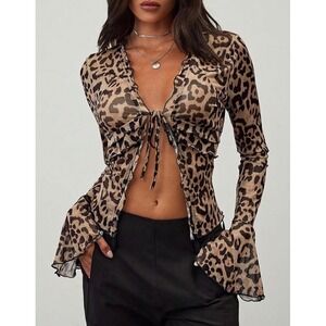 MakeMeChic Leopard Print Top Bell Sleeve Ruffled Tie Front Blouse Y2K Size XS